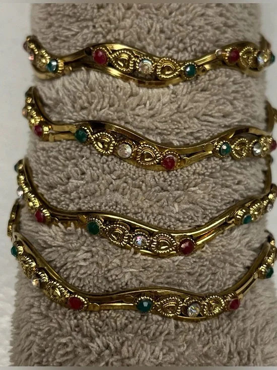 Set of 4 Gold-Plated Zig-Zag Bangles| Multi-Color Kundan Style Bracelets - Picture 4 of 5